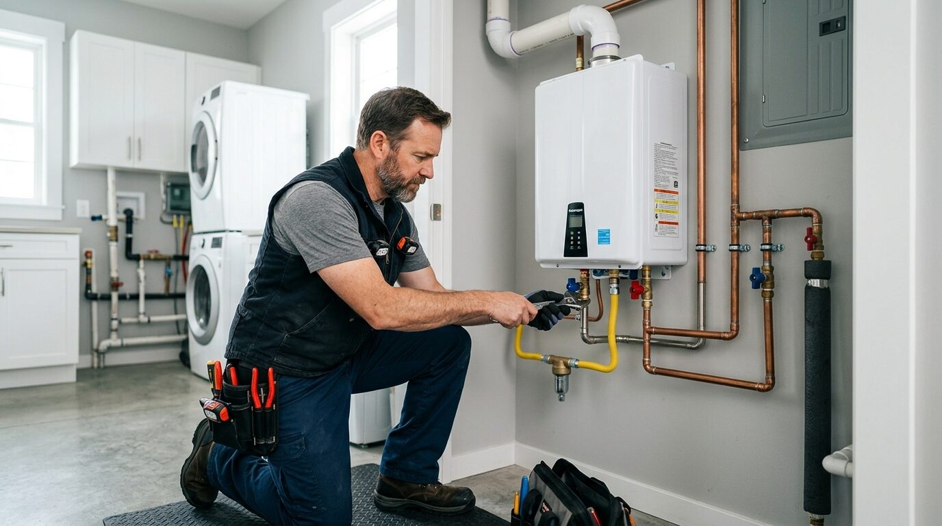 Plumber servicing a wall-mounted tankless water heater