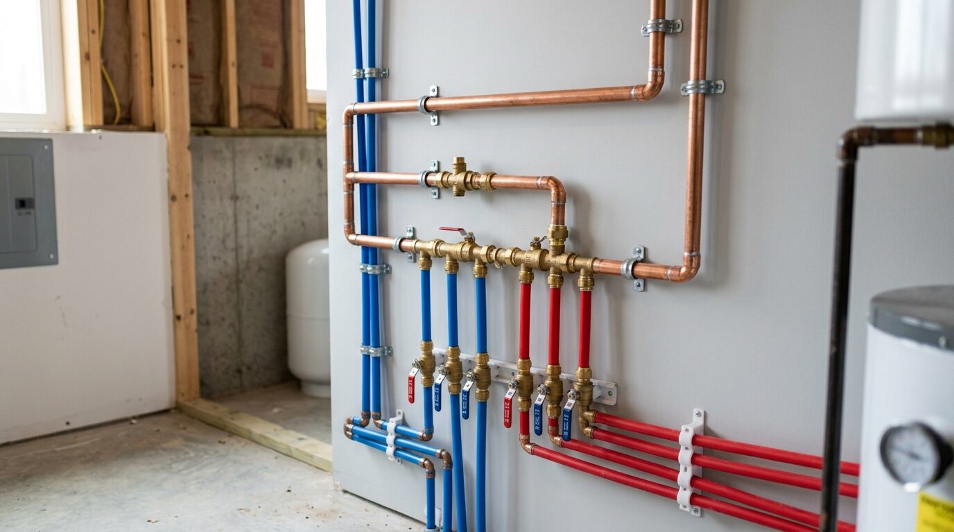 New copper and PEX water lines routed along a utility wall
