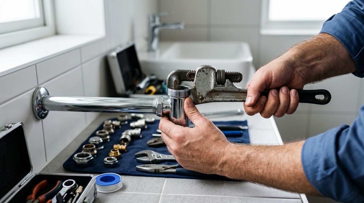 Plumber tightening a chrome pipe fitting with a wrench