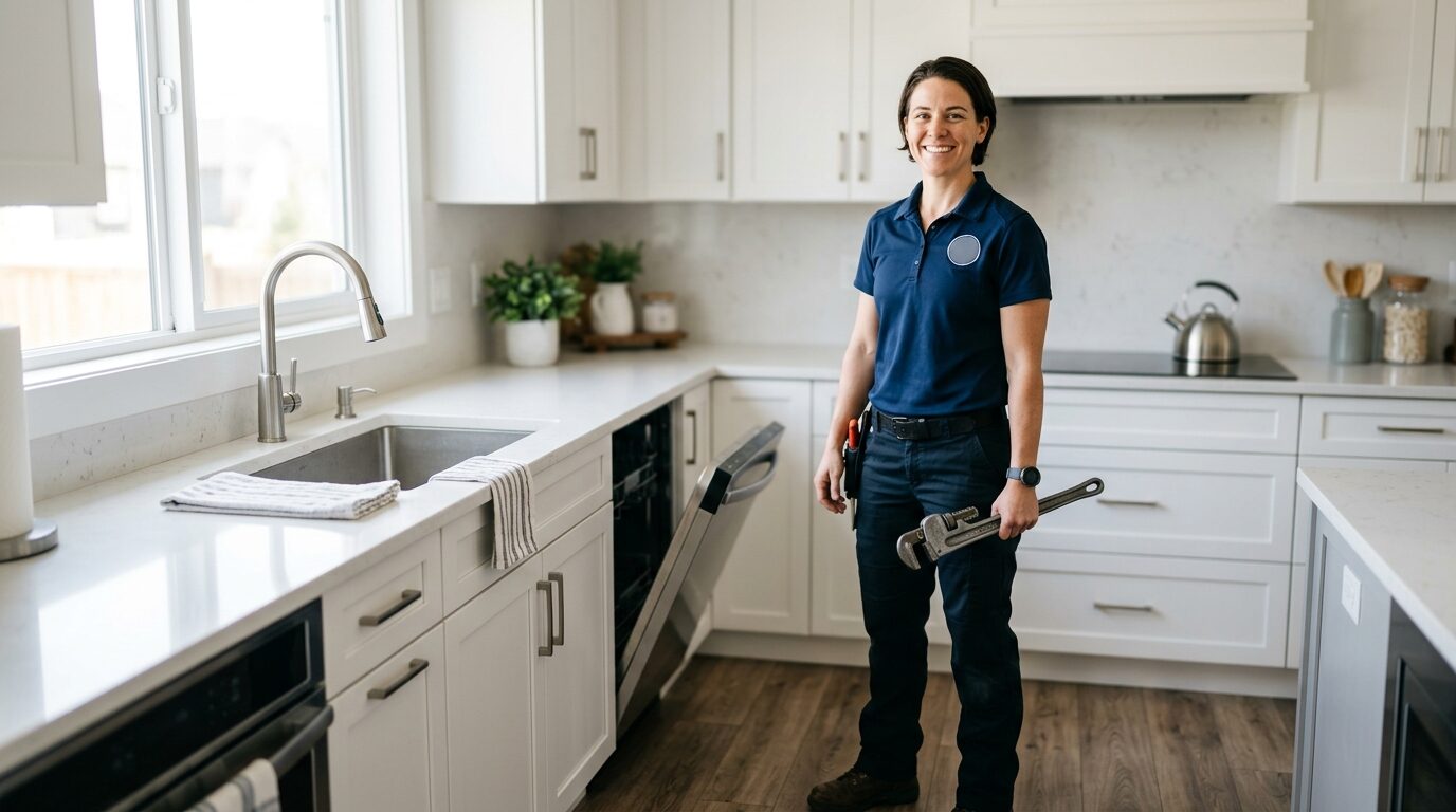 Professional plumber ready to help in a clean modern kitchen
